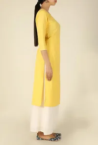 Yellow Cotton Flex Straight Fit Kurta image 3