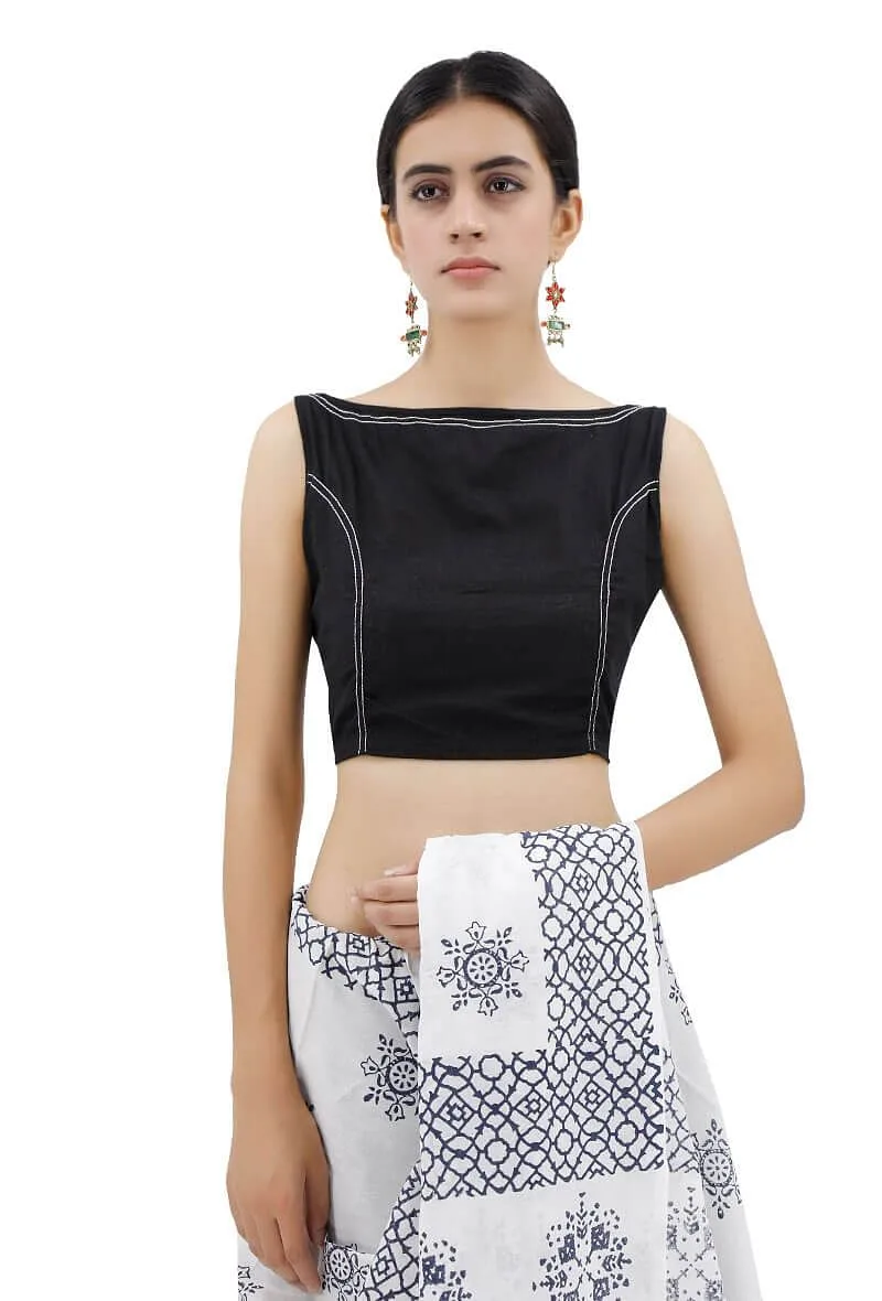 Black Boat Neck Blouse With Stitch Lines