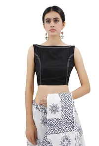 Black Boat Neck Blouse With Stitch Lines image 1