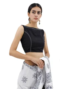 Black Boat Neck Blouse With Stitch Lines image 2