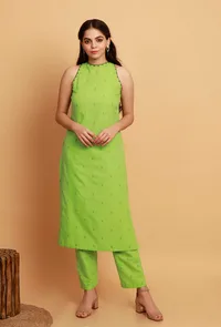 Set of 2:  Mint Green Embroidery Halter Neck Sleeveless Kurta With Straight Pants image 1