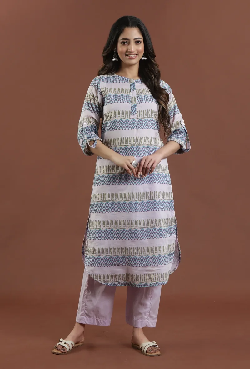 Set of 2: Printed Cotton Kurta with Pant