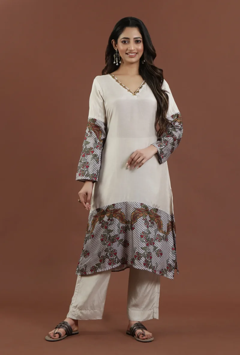 Ivory Kalamkari Printed Muslin Silk Kurta
