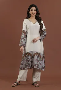 Ivory Kalamkari Printed Muslin Silk Kurta image 1