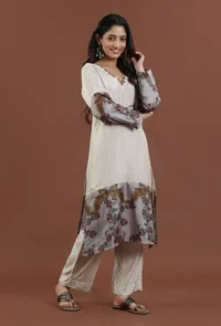 Ivory Kalamkari Printed Muslin Silk Kurta image 3