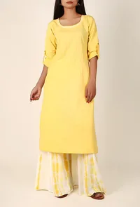 Summer Yellow Cotton Kurta And White Tie & Dye Palazzo Set image 1