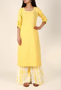 Summer Yellow Cotton Kurta And White Tie & Dye Palazzo Set image 2