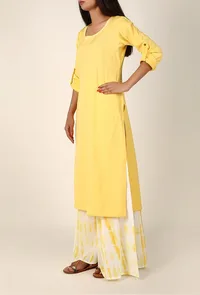 Summer Yellow Cotton Kurta And White Tie & Dye Palazzo Set image 3