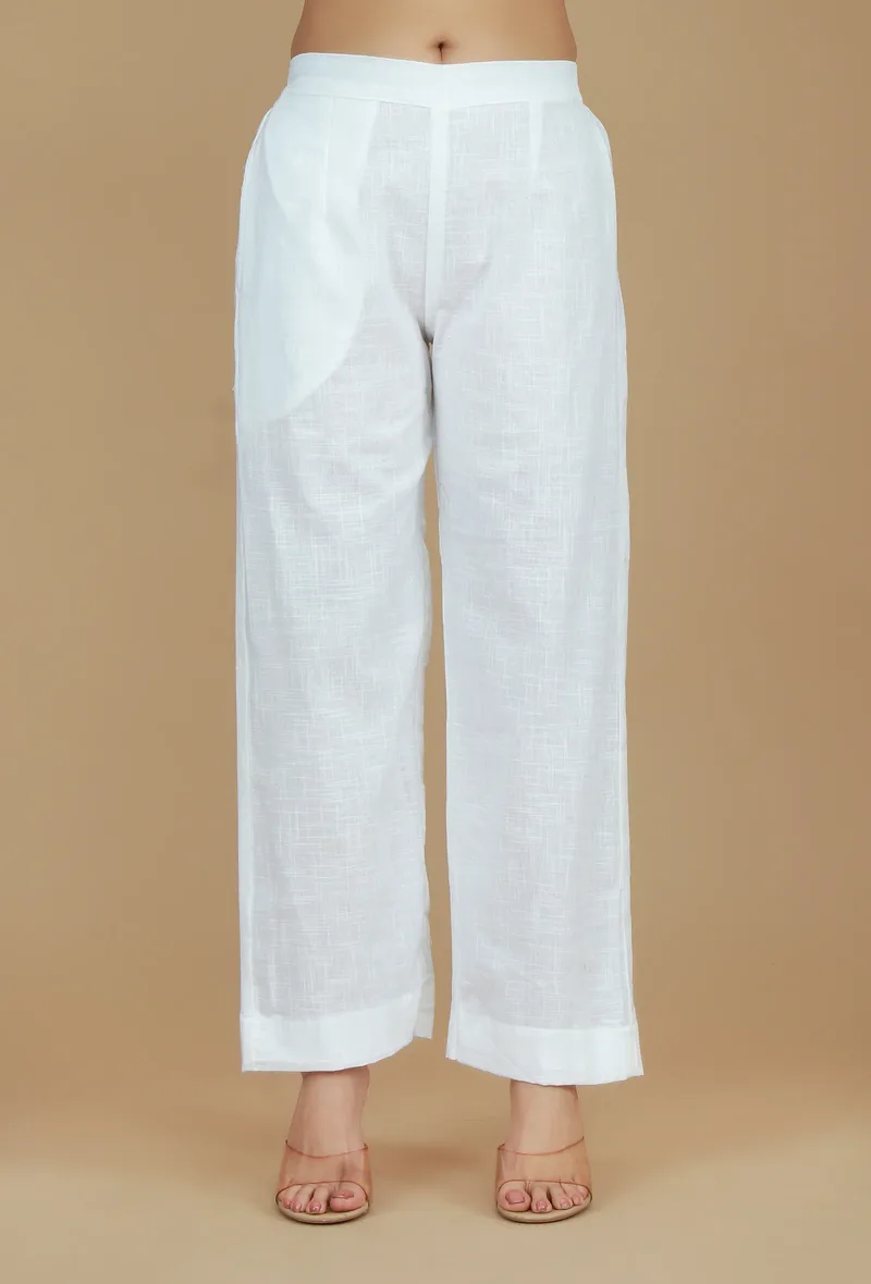 Solid White Cotton Straight Pants