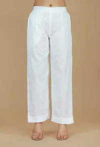 Solid White Cotton Straight Pants image 1