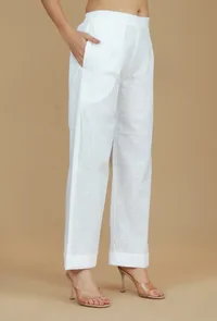 Solid White Cotton Straight Pants image 3