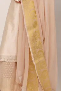 Set of 3: Cream Banarsi Chanderi Kurta With Beige Chiffon Dupatta and Beige Foil Printed Pallazo image 5
