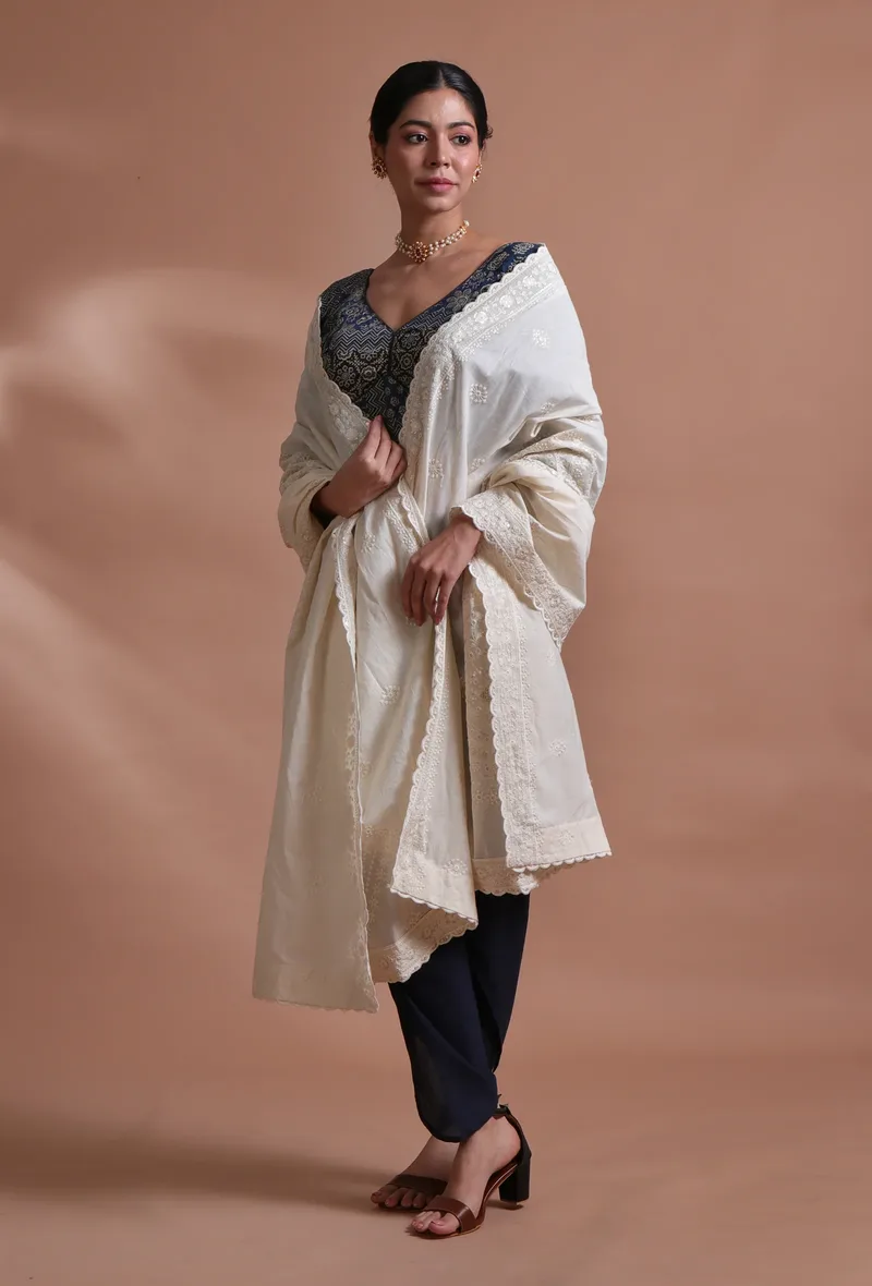 Off White Color Cotton Embroidered Dupatta