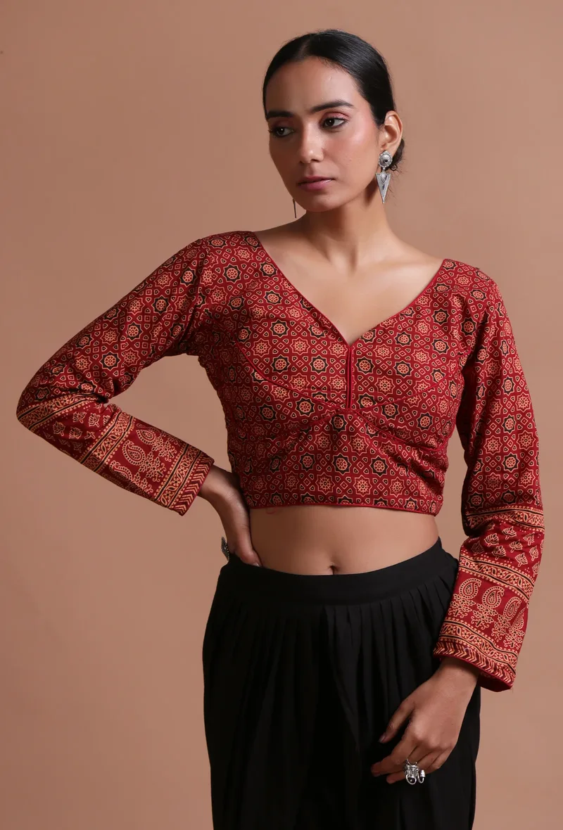 Maroon Cotton Ajrakh Printed Full Sleeve Blouse