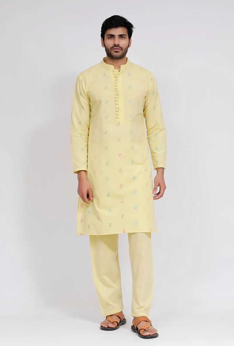 Set of 2: Yellow Dobby Button Down Kurta and Pajama