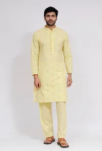 Set of 2: Yellow Dobby Button Down Kurta and Pajama image 1