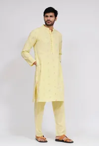 Set of 2: Yellow Dobby Button Down Kurta and Pajama image 2