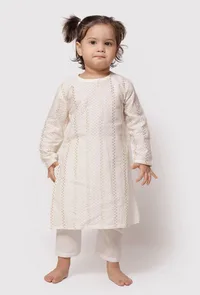 Set of 2 - Cream White Malmal Kurta with Plain Pajama image 1