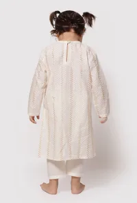 Set of 2 - Cream White Malmal Kurta with Plain Pajama image 3
