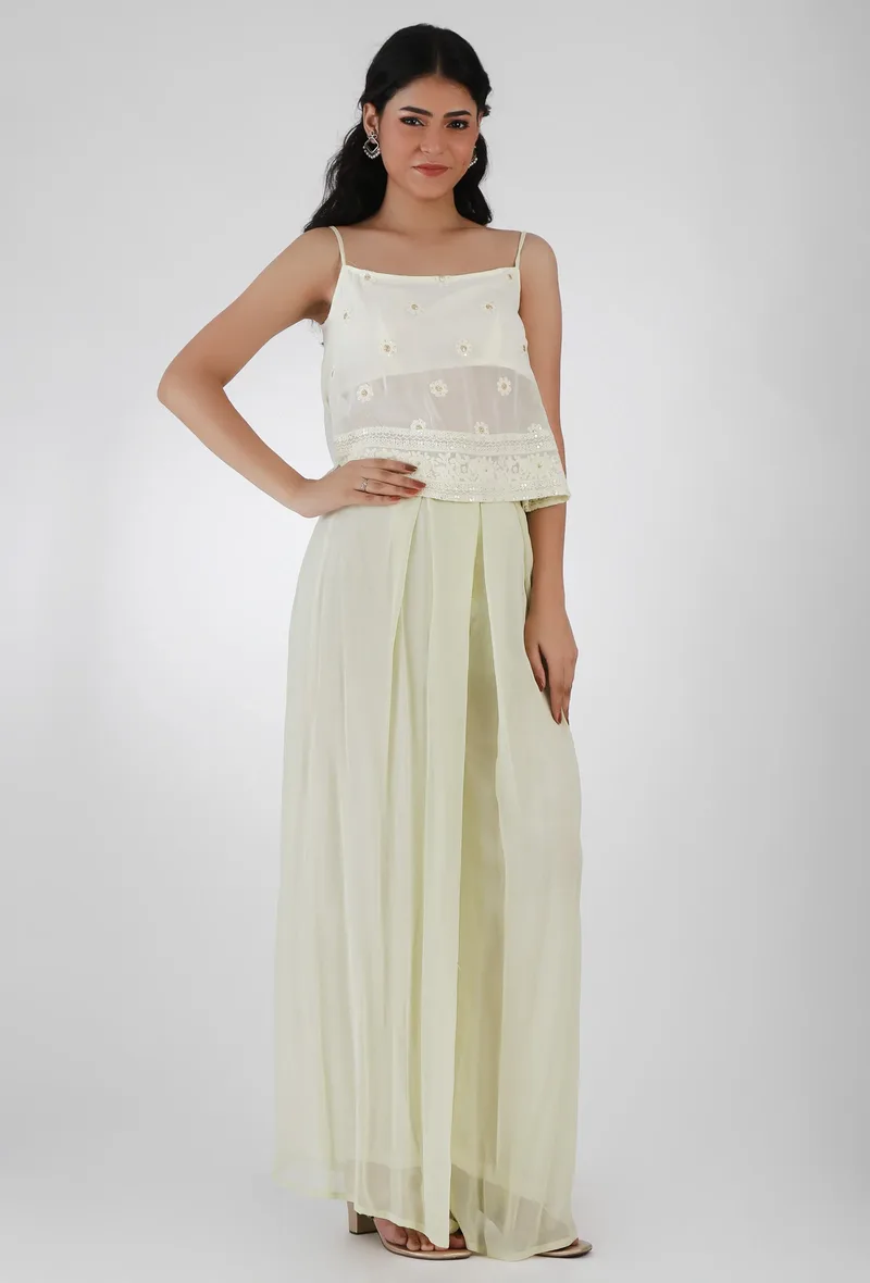 Set Of 2-Lemon Yellow Embroidered Georgette Slip Top With Lemon Yellow Plain Georgette Box Pleat Flared Pants