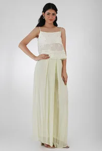 Set Of 2-Lemon Yellow Embroidered Georgette Slip Top With Lemon Yellow Plain Georgette Box Pleat Flared Pants image 1