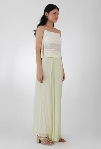 Set Of 2-Lemon Yellow Embroidered Georgette Slip Top With Lemon Yellow Plain Georgette Box Pleat Flared Pants image 2