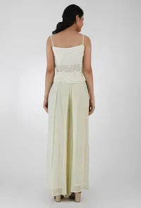 Set Of 2-Lemon Yellow Embroidered Georgette Slip Top With Lemon Yellow Plain Georgette Box Pleat Flared Pants image 3