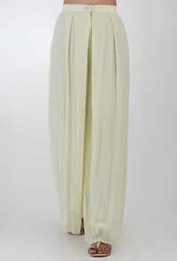 Set Of 2-Lemon Yellow Embroidered Georgette Slip Top With Lemon Yellow Plain Georgette Box Pleat Flared Pants image 4