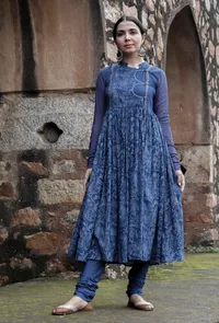 Set Of 2:Jyoti Indigo Pishwas Style Kurta Dress & Churidar image 1