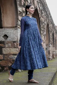 Set Of 2:Jyoti Indigo Pishwas Style Kurta Dress & Churidar image 3