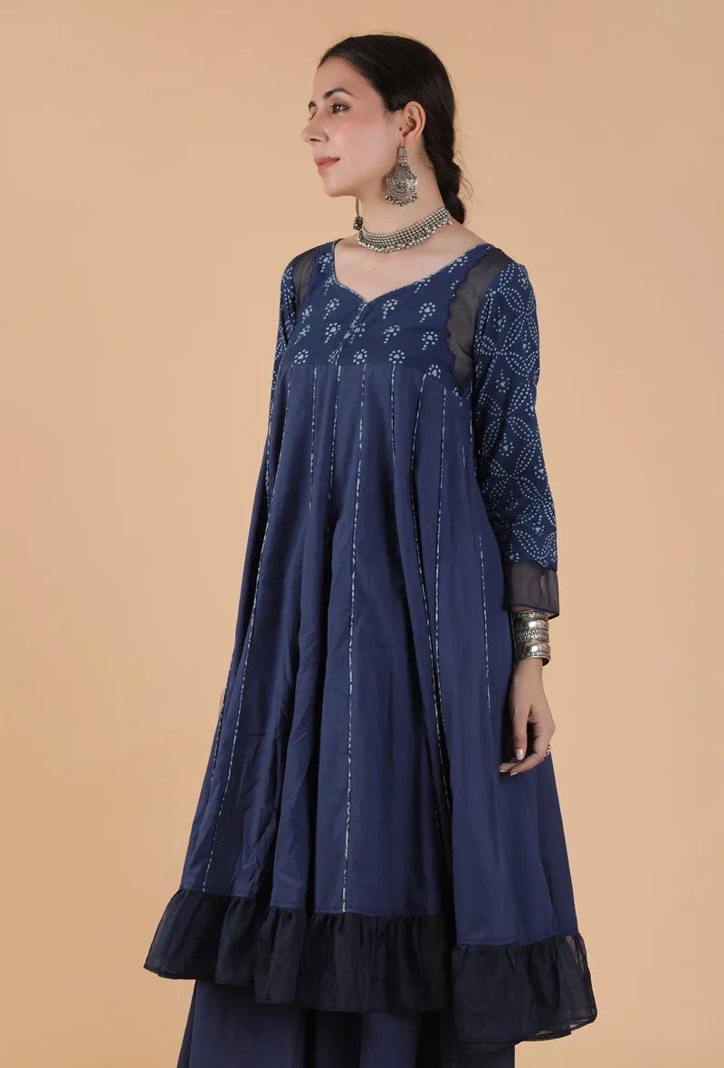 Kaira Indigo Buti & Jaal Printed Anarkali Dress With Organza Detailing