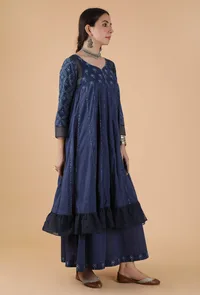 Kaira Indigo Buti & Jaal Printed Anarkali Dress With Organza Detailing image 2