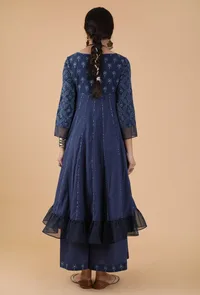 Kaira Indigo Buti & Jaal Printed Anarkali Dress With Organza Detailing image 3