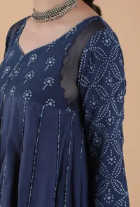 Kaira Indigo Buti & Jaal Printed Anarkali Dress With Organza Detailing image 5