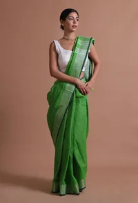 Green Color Cotton Linen Saree With Unstitched Blouse image 1