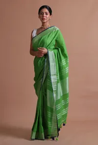 Green Color Cotton Linen Saree With Unstitched Blouse image 2