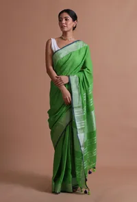 Green Color Cotton Linen Saree With Unstitched Blouse image 3