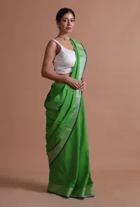 Green Color Cotton Linen Saree With Unstitched Blouse image 4