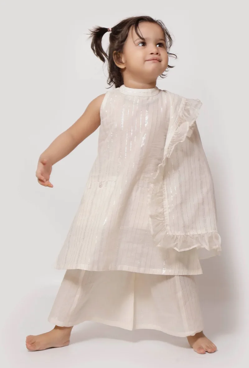 Set of 3- Silver White Malmal Slip with Palazzo and Dupatta