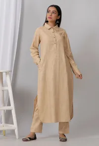 Brown Cotton Khadi Kurta With Collar image 1