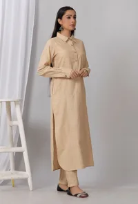Brown Cotton Khadi Kurta With Collar image 2