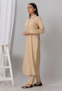 Brown Cotton Khadi Kurta With Collar image 3