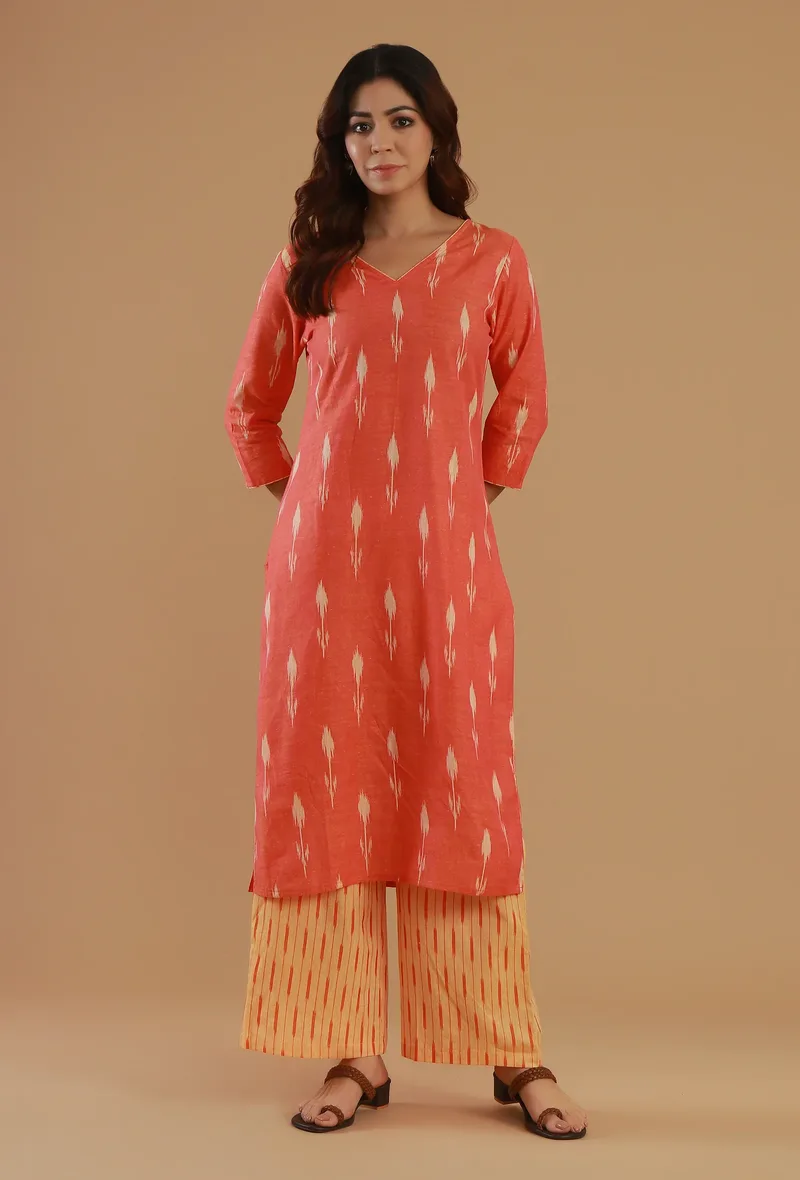 Coral Ikat Straight Cotton Kurta