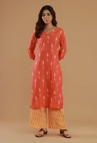 Coral Ikat Straight Cotton Kurta image 1