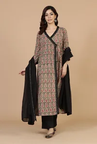 Set of 3: Baagh Hand Block Print Angrakha Kurta, Solid Black Pants & Lace Cotton Dupatta image 1
