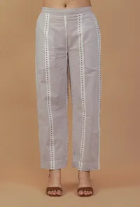 Lavender Striped Printed Cotton Straight Pants image 1