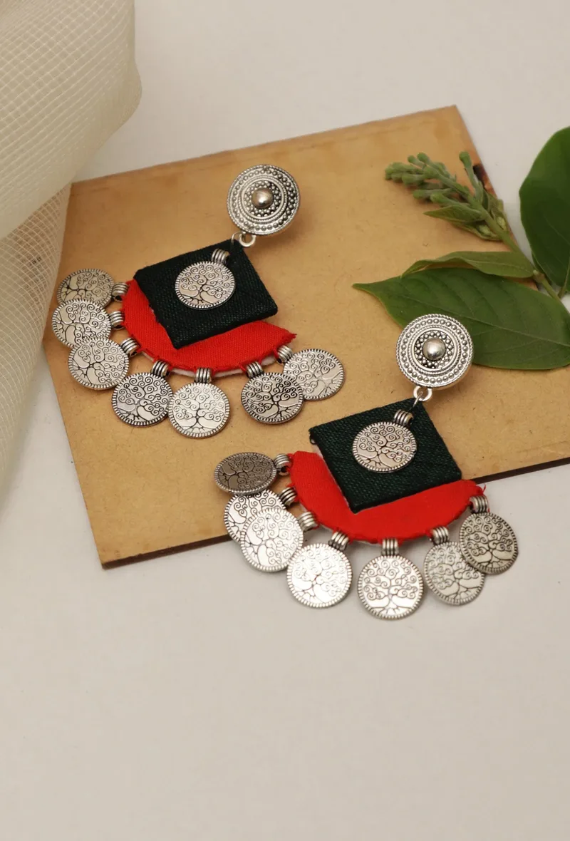 D Shaped And Square Handcrafted Fabric Style Earrings