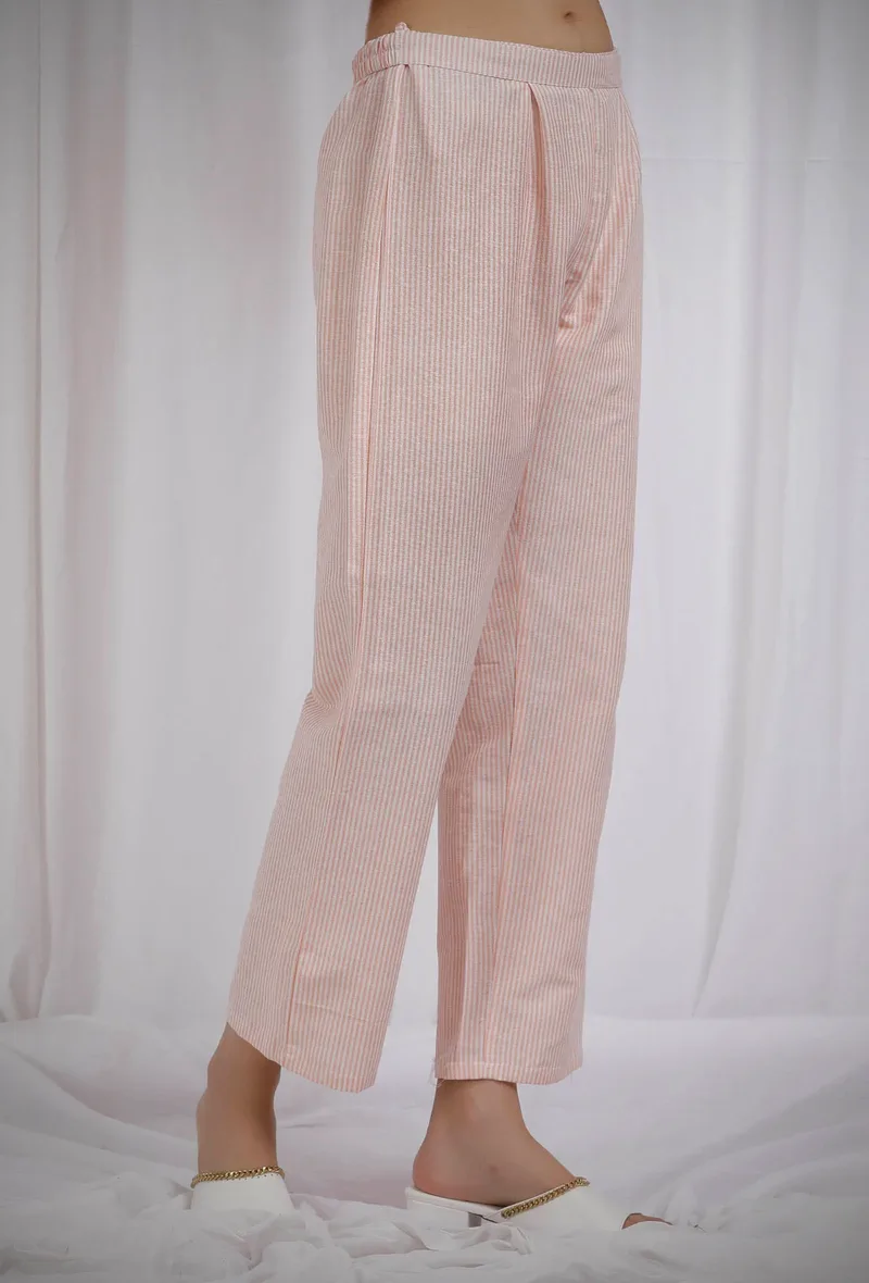 Orange Striped Cotton Straight Pants