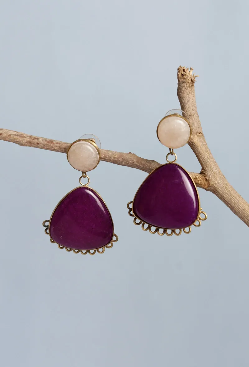 Stylish Fashionable Gold Plated Raisin Cream/Purple Stone Circled/Triangle Shaped Export Quality Earring