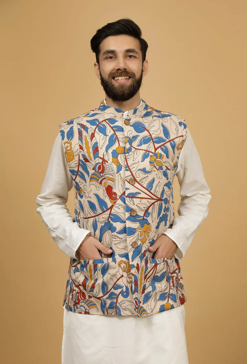 Irish White Floral Kalamkari Cotton Nehru Jacket